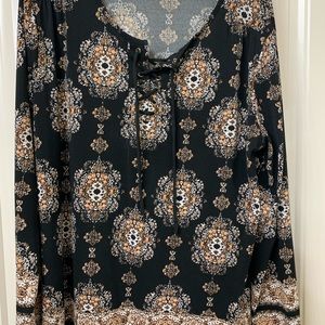Style & Co XL polyester top, black/tan print